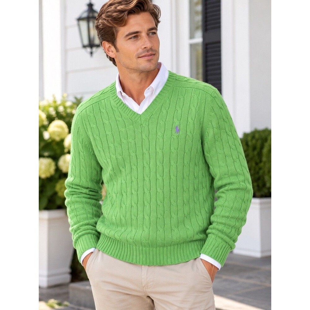 VTG Polo Ralph Lauren Men’s Green Pony Cableknit V-neck Sweater Cotton S